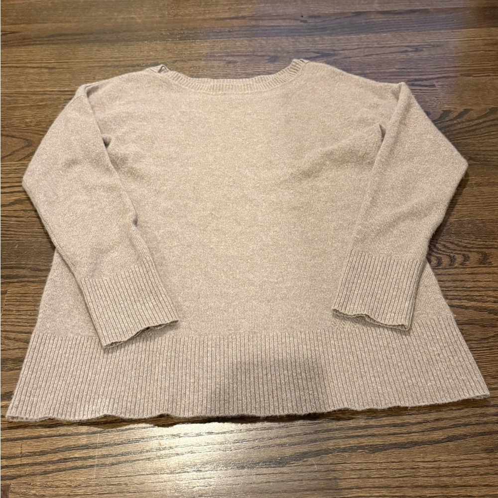 Adrienne Vittadini Tan Crew Neck Sweater with Ribbed Knit
